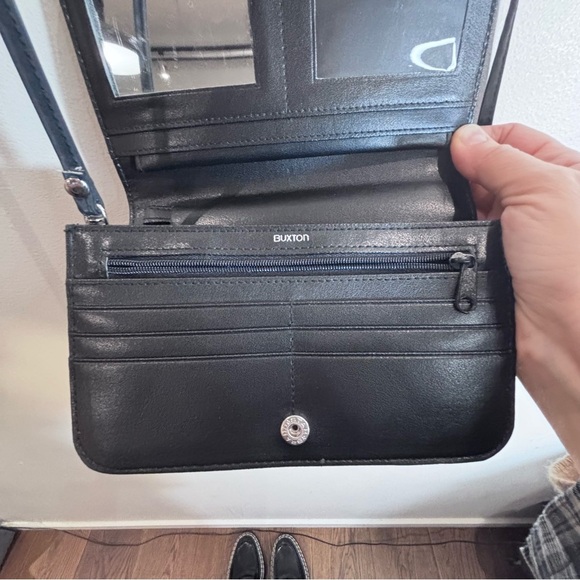 BUXTON Leather Crossbody Wallet Bag Many Compartments Inner Mirror Zipper Snap - Picture 7 of 12